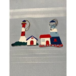 Set of 2 LIGHTHOUSES Flat wood cut-outs Hanging Ornaments Coastal Shore EUC